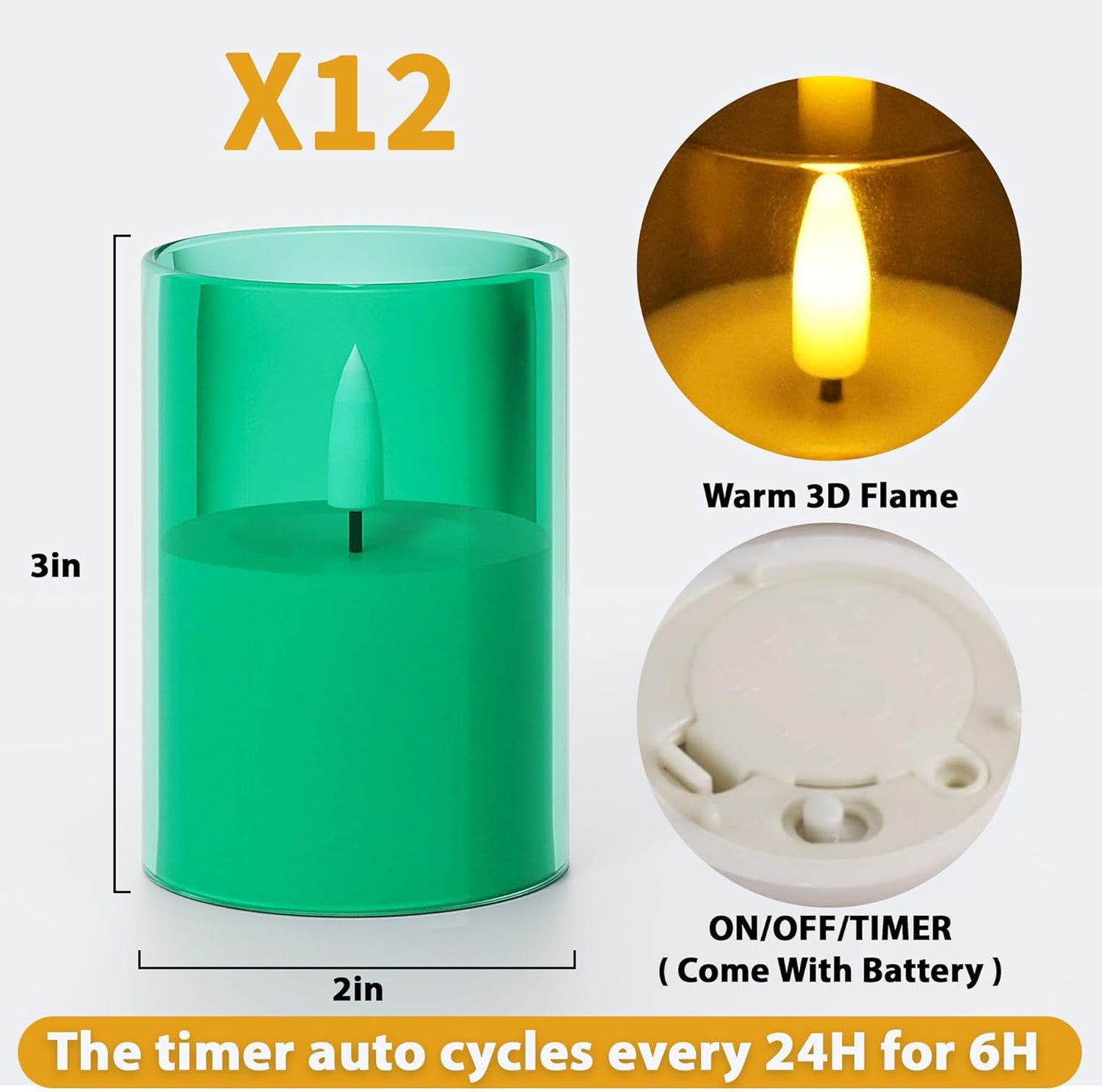 6Pack Flickering Flameless LED Candles with Timer, Battery Powered - Small Pillar & Votive, Green (2"X3")