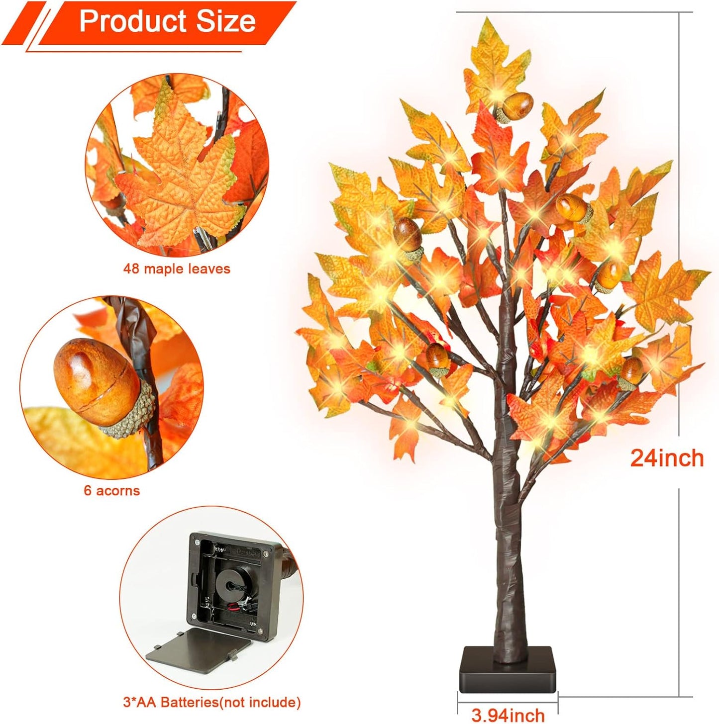 24 Inch Lighted Maple Tree with 36 Lights, 6 Acorn, Timer Battery Operated Tabletop Artificial Fall Tree for Thanksgiving Harvest Home Decor, Fall Table Centerpiece Decorations