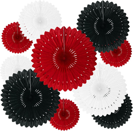18 Pcs Black Red White Hanging Honeycomb Paper Fans, Round Paper Fan Decorations for Weddings, Birthdays, Bachelorette, Photo Booth Backdrops, Baby Shower, Anniversary Events Party Supplies