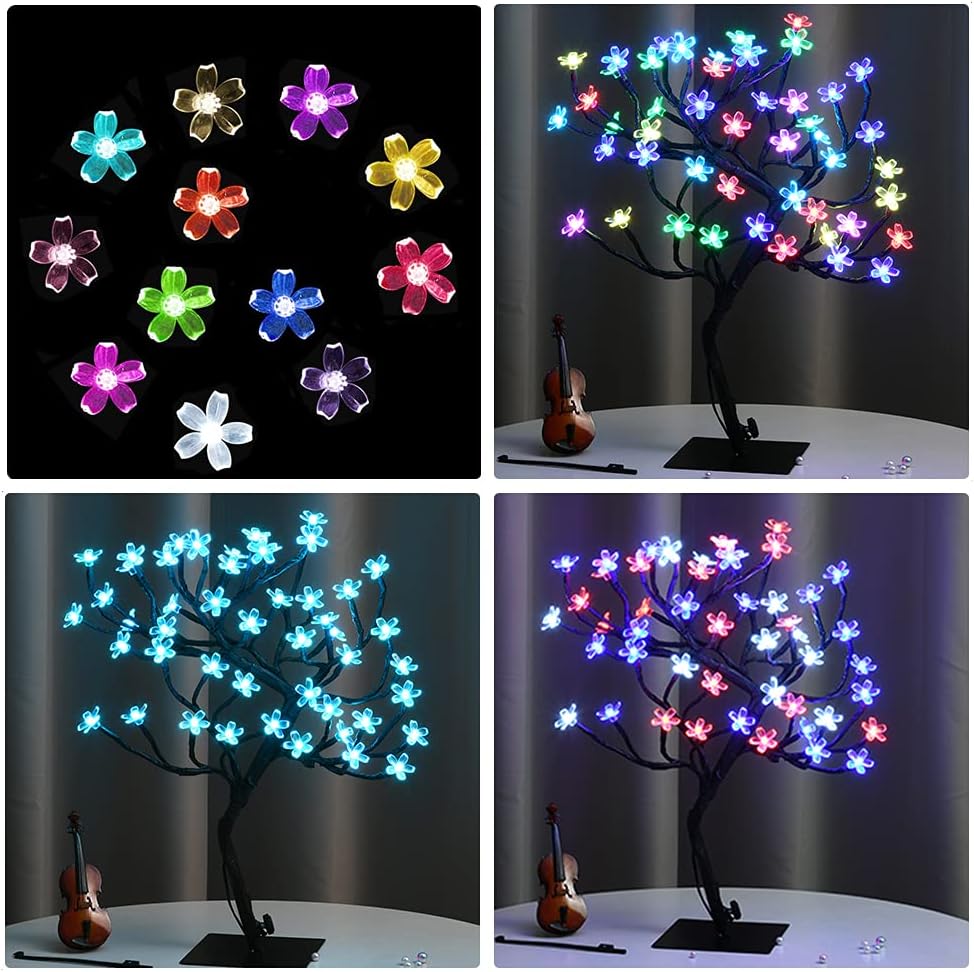 Pooqla 18 Inch 48 LED RGB Cherry Blossom Tree Light with Remote 16 Color-Changing LED Artificial Flower Bonsai Tree Table Top Lamp Home Lit Tree Centerpieces Christmas Decor