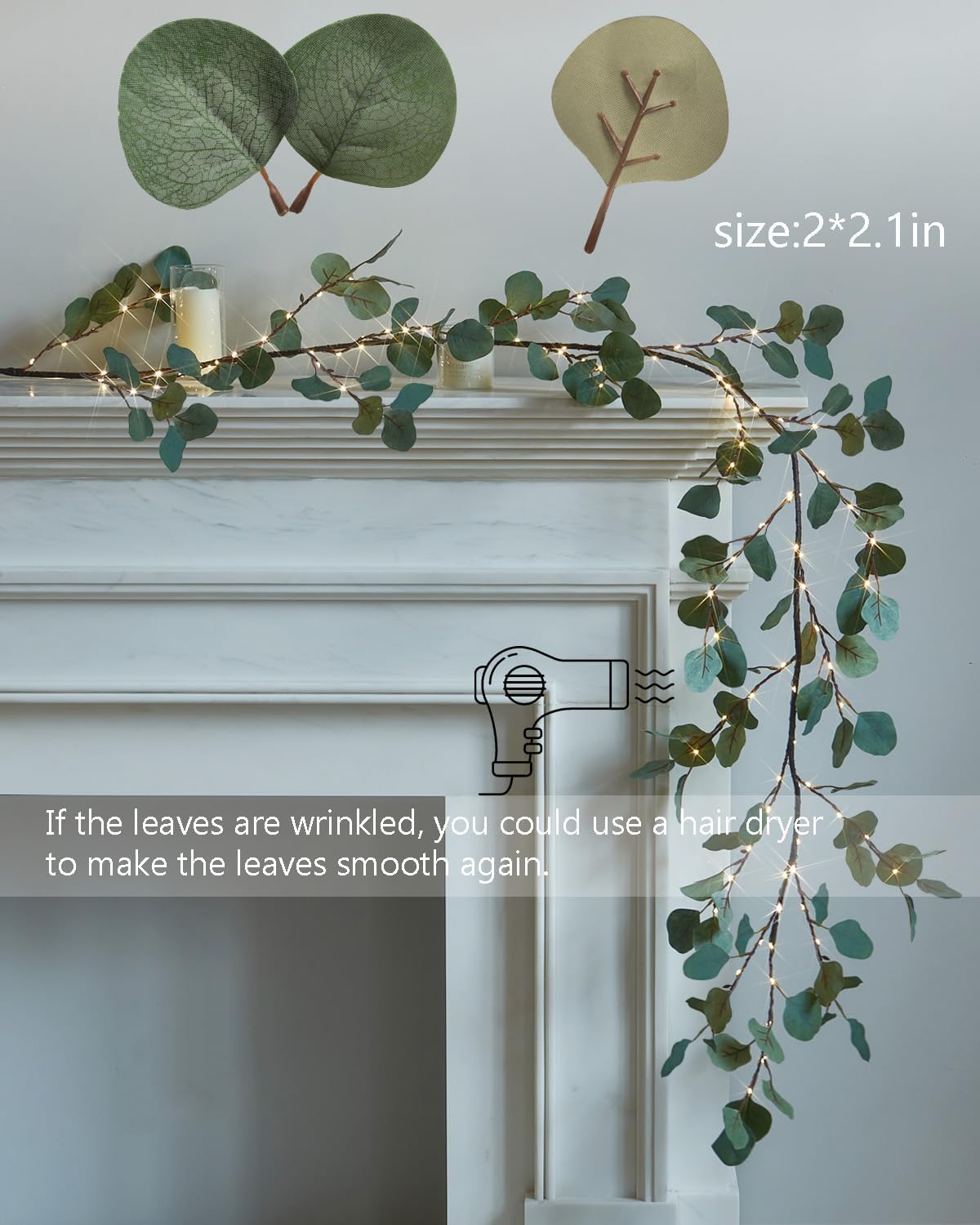 Fudios Lighted Twig Eucalyptus Garland 6FT 96 Warm White LED Battery Operated with Timer for Mantle Fireplace Wedding Party Spring Bedroom Decoration Indoor Outdoor Use