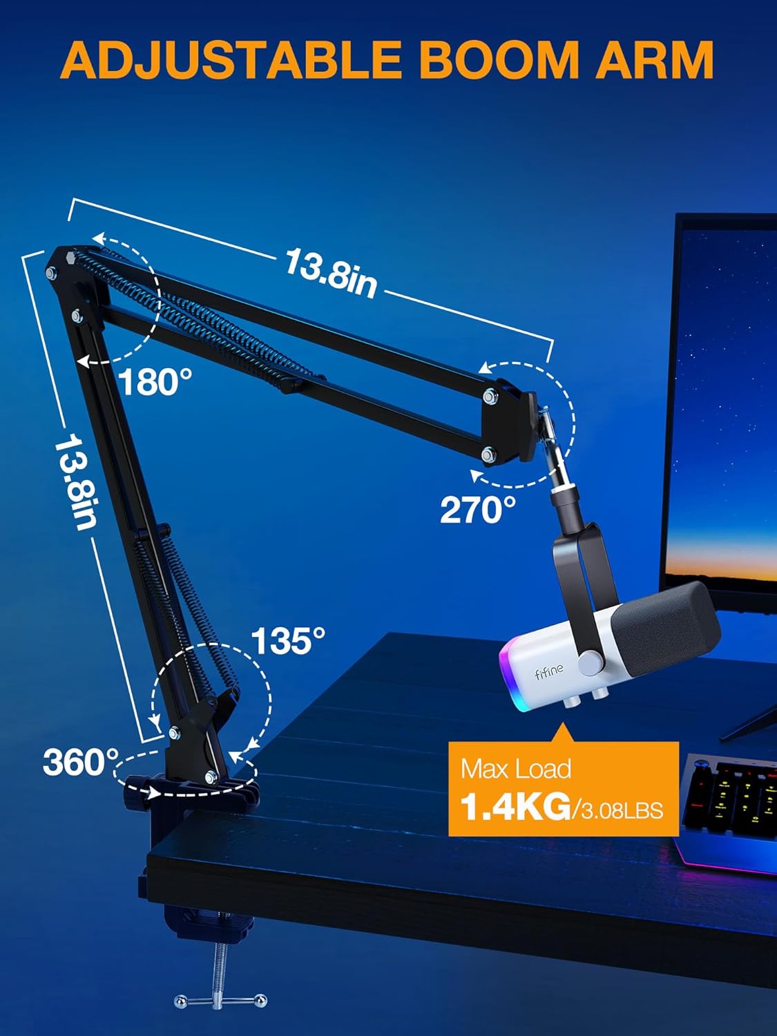 QuadCast Boom Arm, Mic Arm for Blue Yeti HyperX QuadCast SoloCast Fifine AM8 and Most Microphone, Mic Stand Desk with 3/8" to 5/8" Adapter by SUNMON