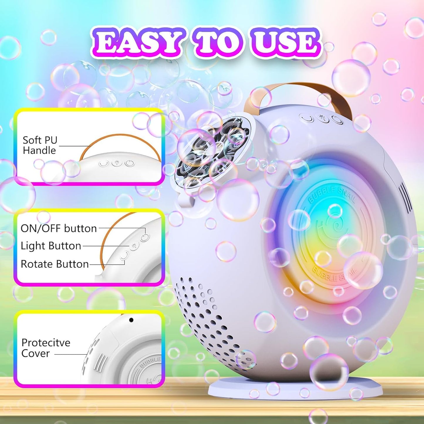 Bubble Machine, Automatic Bubble Maker Rechargeable, 15000+ Big Bubbles per Min, Colorful LED Lights, 90° 360° Rotatable Portable Electric Bubbles Toy for Kids Toddlers, Outdoor Wedding Party Gifts