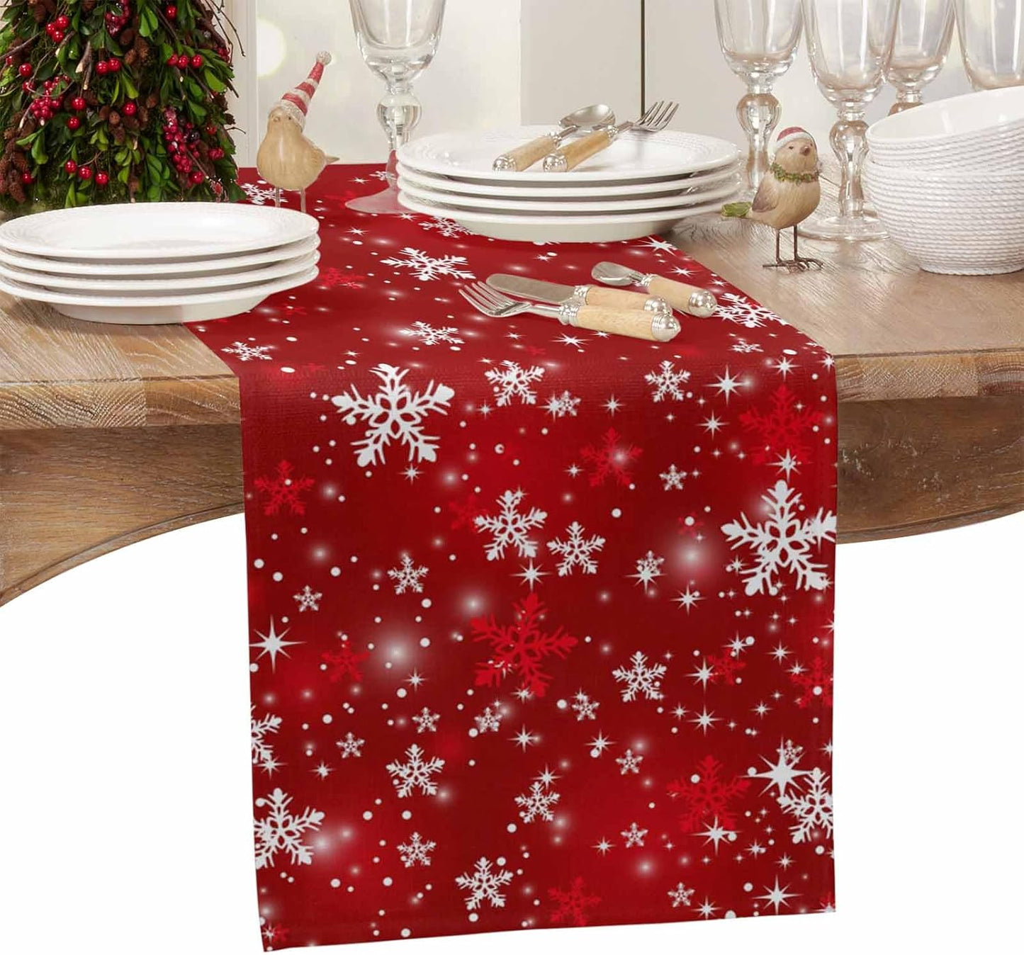 Christmas Snowflakes Cotton Linen Table Runner for Dining Kitchen, Red Xmas Winter Snow Wedding Outdoor Party Tablerunners Decoration, New Year Dresser Scarf Coffee Tablecloth Runners 13x72 Inches