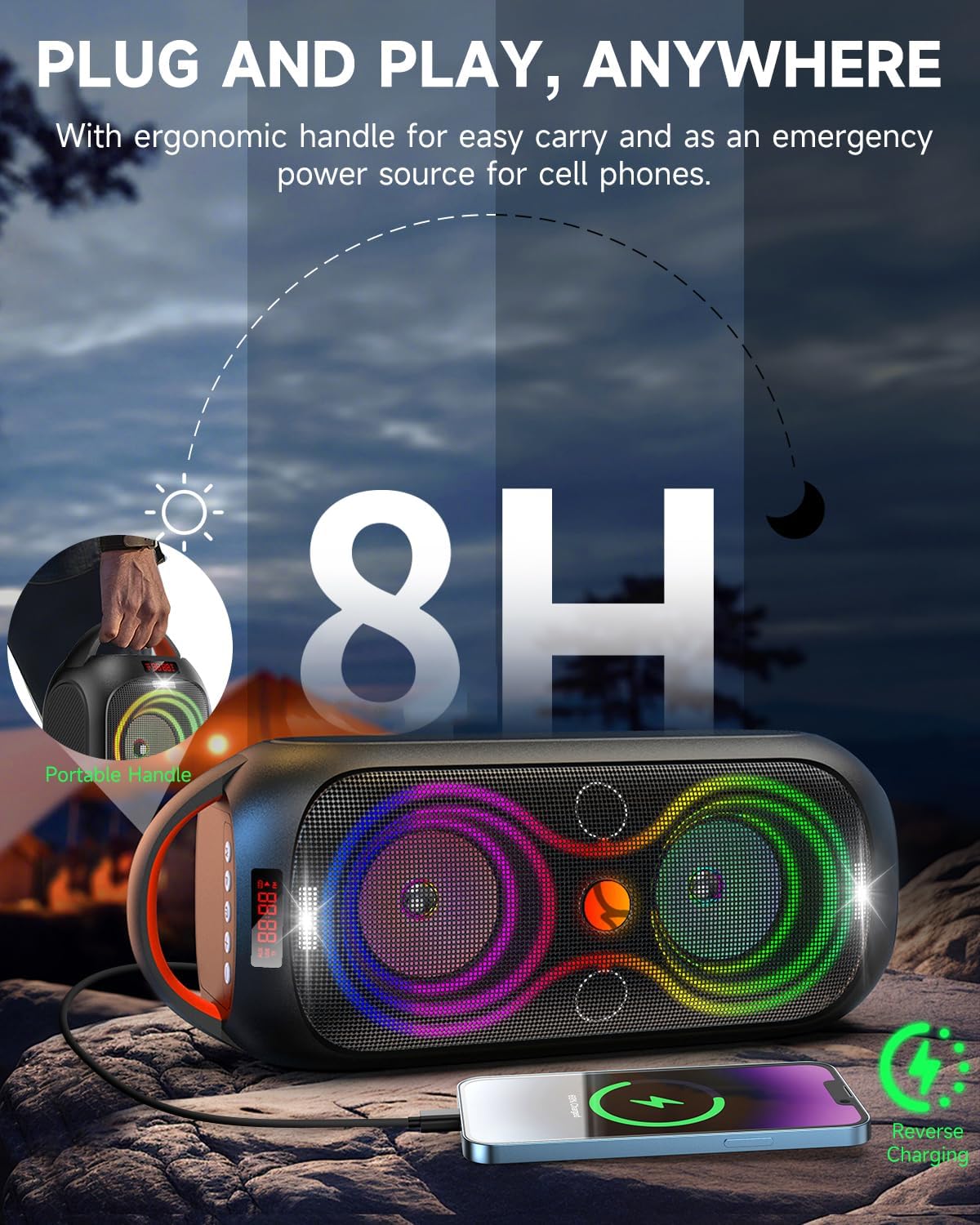 Bluetooth Speakers Wireless- 40W(Peak) 120dB Loud Sound, 8 LED Lights, Bluetooth 5.3, 6-8 Hours Playtime, Protable Handle, FM/USB & Mic Input, Large Portable Speaker for Party,Outdoor,Camping,Beach