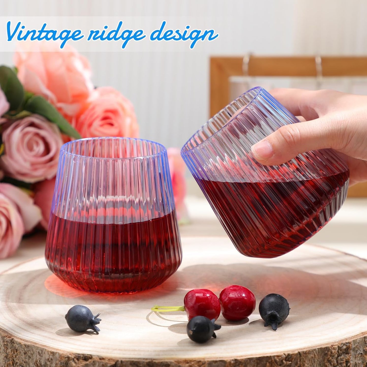 Suclain Plastic Wine Glasses Ribbed Stemless Wine Glasses 14oz Vertical Design Unbreakable Cups for Outdoor Indoor Vintage Elegant Champagne Whiskey Cups for Party Wedding(Blue,100 Pcs)