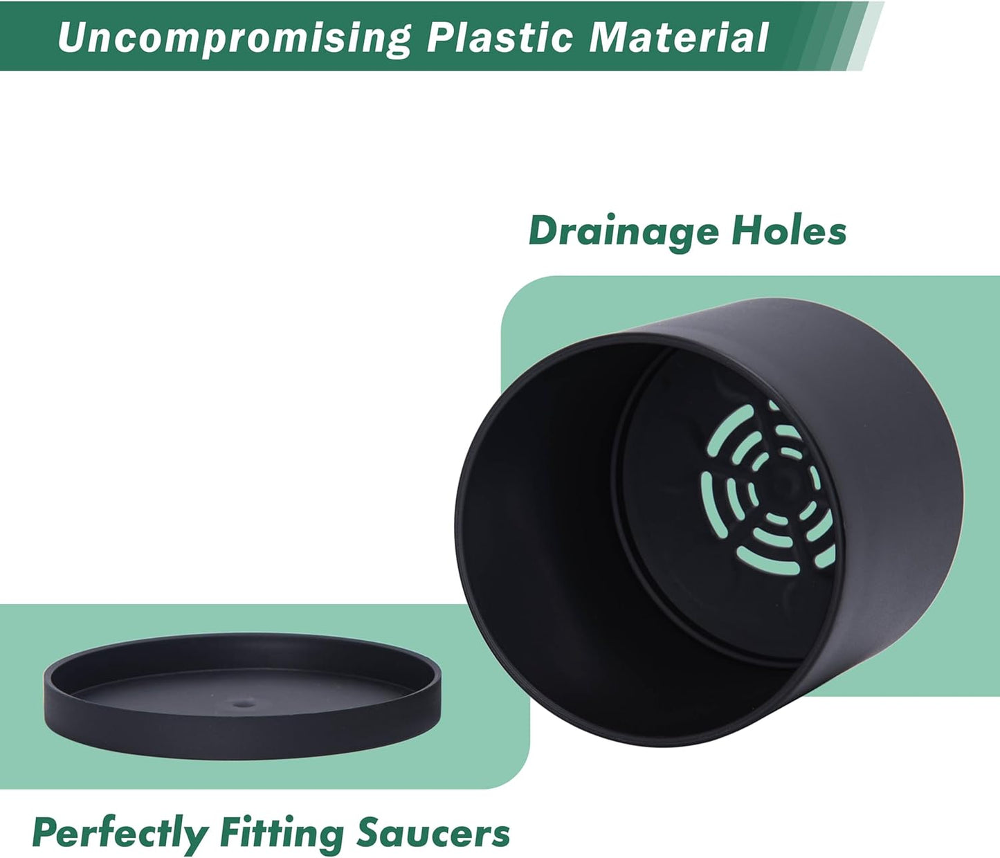 D'vine Dev 2 Pack 5 Inch Modern Plastic Plant Pots, Small Garden Planters for Plant with Drainage Holes and Saucers, Black Color, 74-Y-G-1