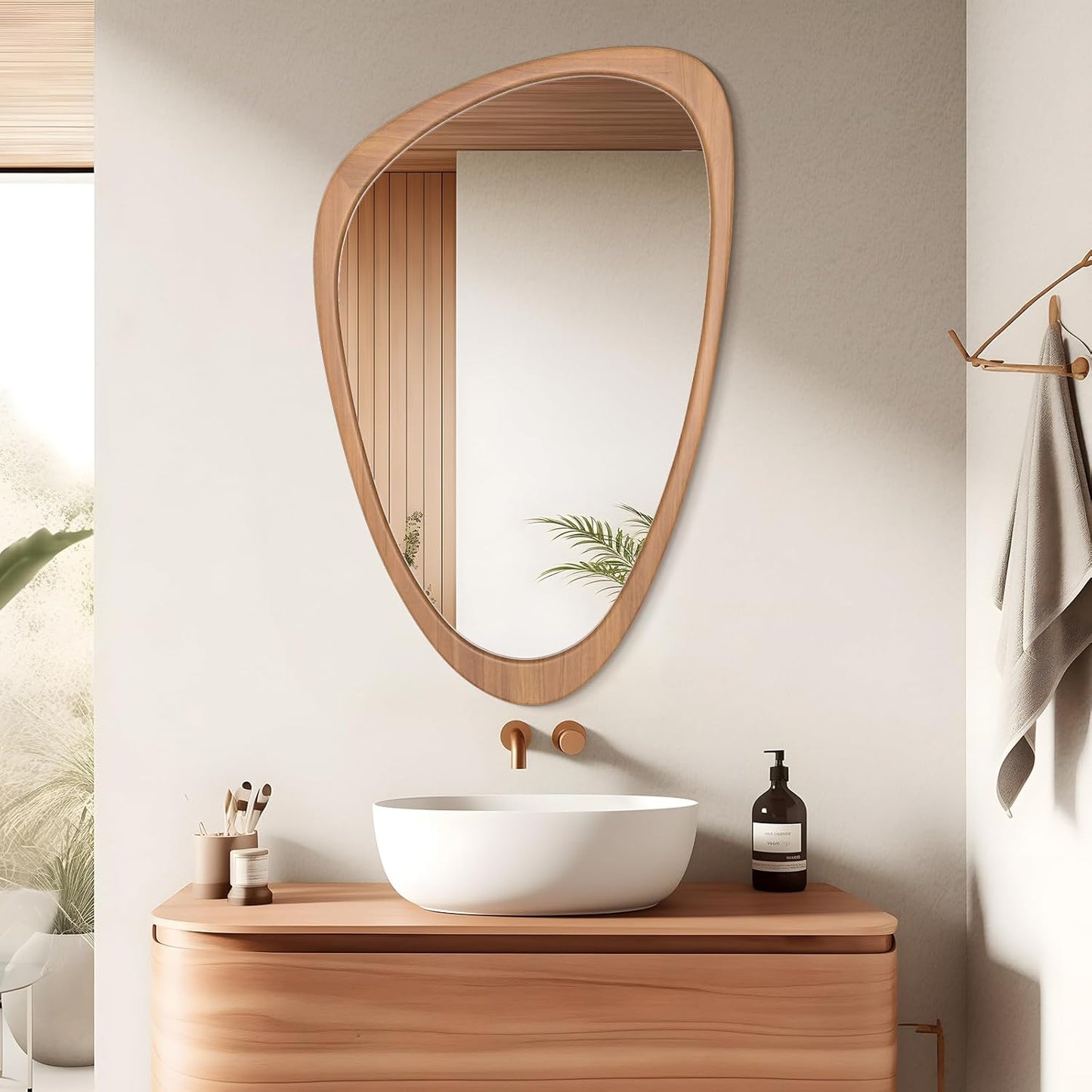 WallBeyond Asymmetrical Mirror, Irregular Wall Mirror, Wall Mirrors Decorative for Bedroom Living Room Entryway Hall, Wood Mirror for mid Century Modern Decor 36" H x 23" W