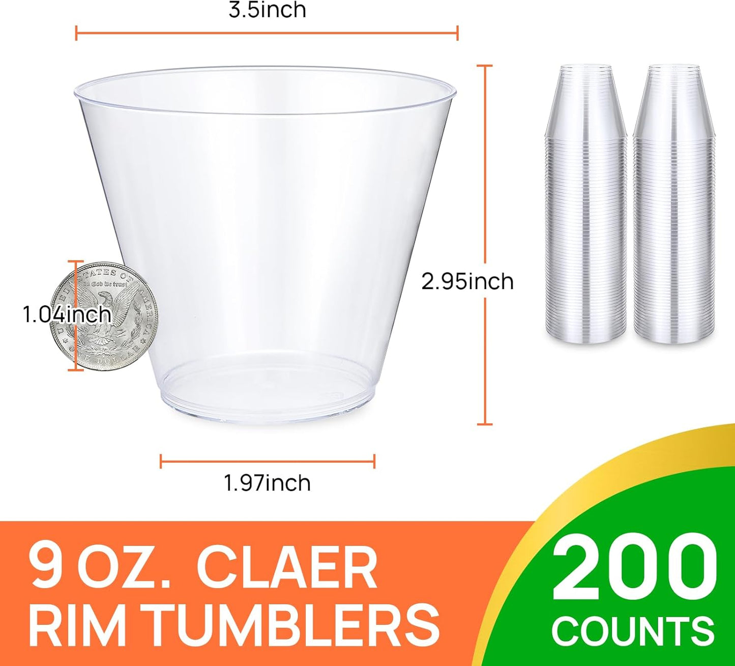 200 Counts 9 OZ. Clear Hard Plastic Cups - Old Fashioned Party Tumblers, 9 Ounce Squat Cups for Party