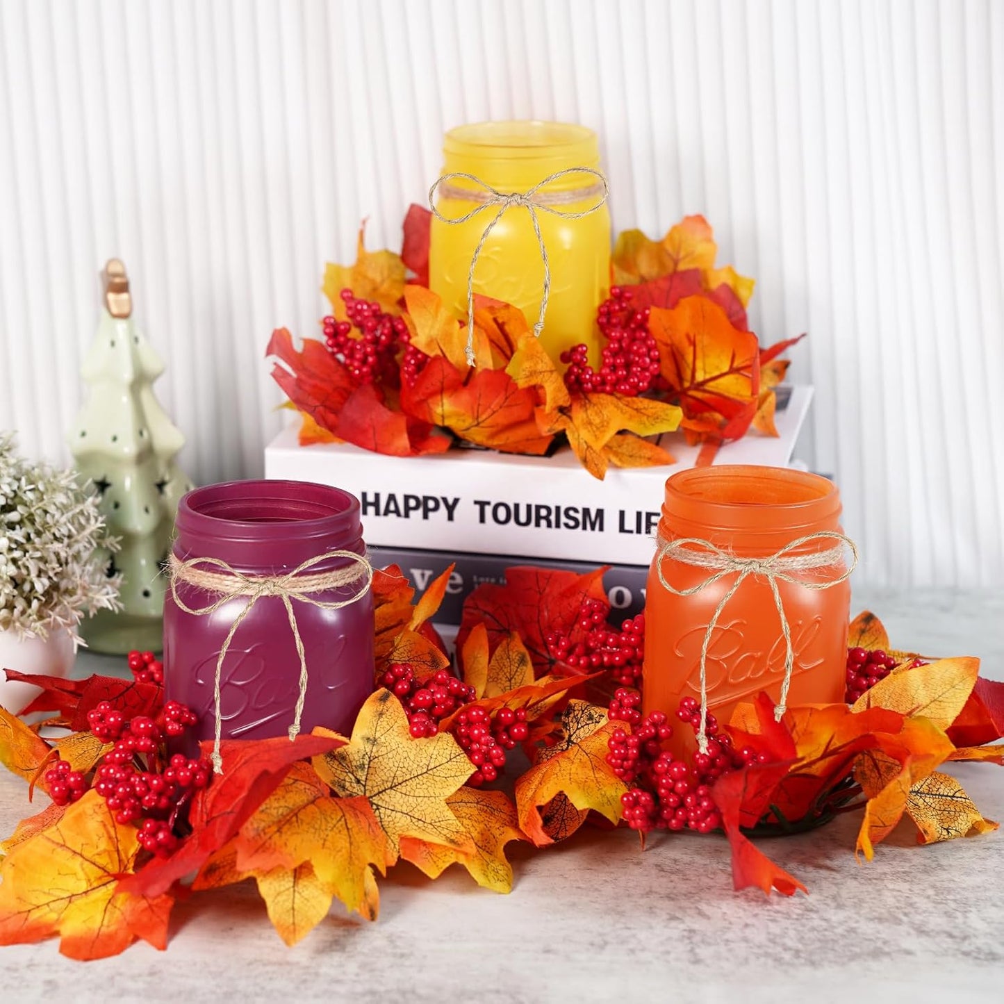 Fall Mason Jar Centerpieces for Tables – Thanksgiving Table Decorations with Autumn Leaves & Berries, Autumn Candle Holder Wreath Rings, Fall Taper Candle Rings for Dining Table