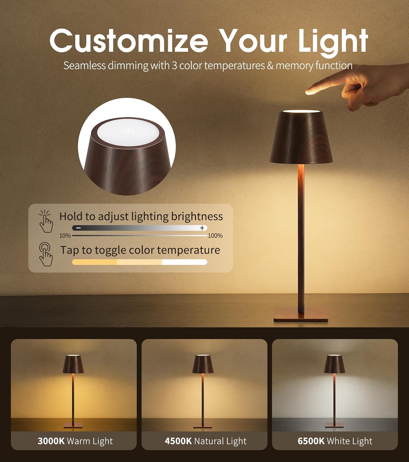 UME 3 Pack Cordless Table Lamp, Battery Operated Lamp - Portable Waterproof Rechargeable Table Lamp w/ 3 Color Temps & Stepless Dimming for Dinner, Desk, Cafe, Outdoor (Woodgrain)