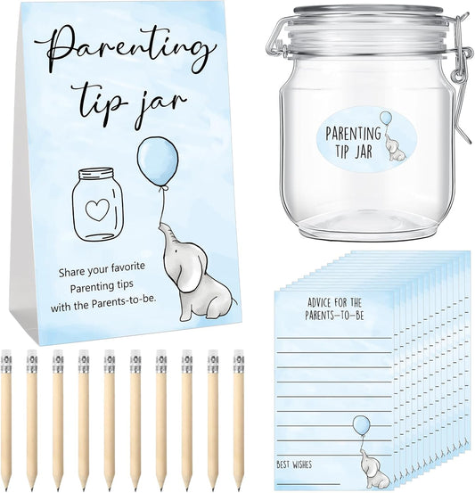 Roowest Baby Shower to Baby Advice Cards for New Parents to Be - Tip Jar Sign for New Parents 60 Parenting Advice Cards 10 HB Pencils 2 Cute Stickers 1 Pet Bottle for Guests Games(Blue Elephant)
