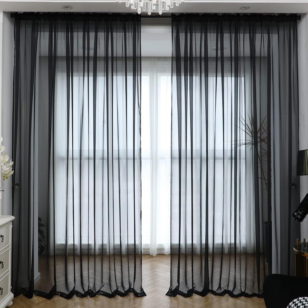 Window Black Sheer Curtains 72 Inches Long 2 Panels Sheer Curtain Basic Rod Pocket Panel for Bedroom Children Living Room Yard Kitchen (Black, 52" W x 72" L | 2 pcs)