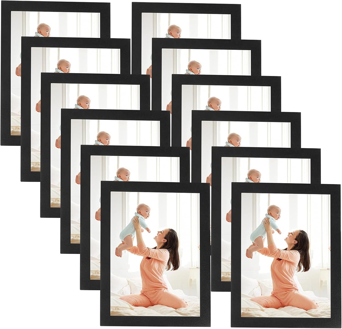 CRUGLA 5x7 Magnetic Picture Frames for Refrigerator 12 Packs, Modified Magnetic Sheet with Self Adhesive Backing, Black 5 by 7 Magnetic Photo Frame Set for Glass Window Door Cubicle