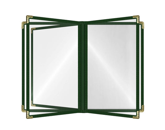 Goodsmart Restaurant Menu Covers – 25 Pack Green 10-View 8.5" x 14" Cafe Menu Holders, Side-Loading Vinyl Covers with Clear Sleeves, Plastic & Leather-Style Menu Covers with Gold Corners