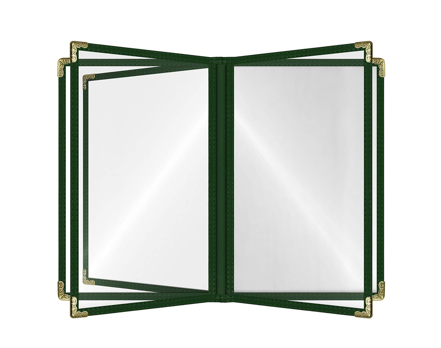 Goodsmart Restaurant Menu Covers – 25 Pack Green 10-View 8.5" x 11" Cafe Menu Holders, Side-Loading Vinyl Covers with Clear Sleeves, Plastic & Leather-Style Menu Covers with Gold Corners