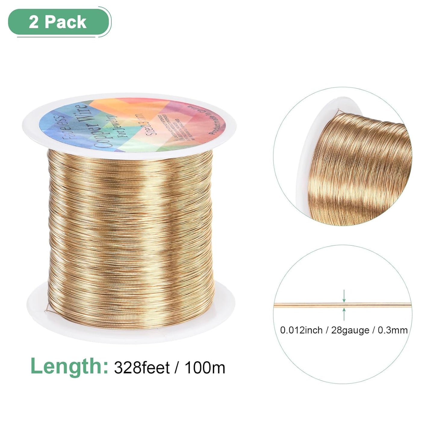 2-Rolls 0.3mm Jewelry Wire, 28 Gauge 328FT Craft Wire Copper Beading Wire for Jewelry Making/Planting/Weaving/DIY Crafting, Soft Metal Wires [100M, Champagne Gold]