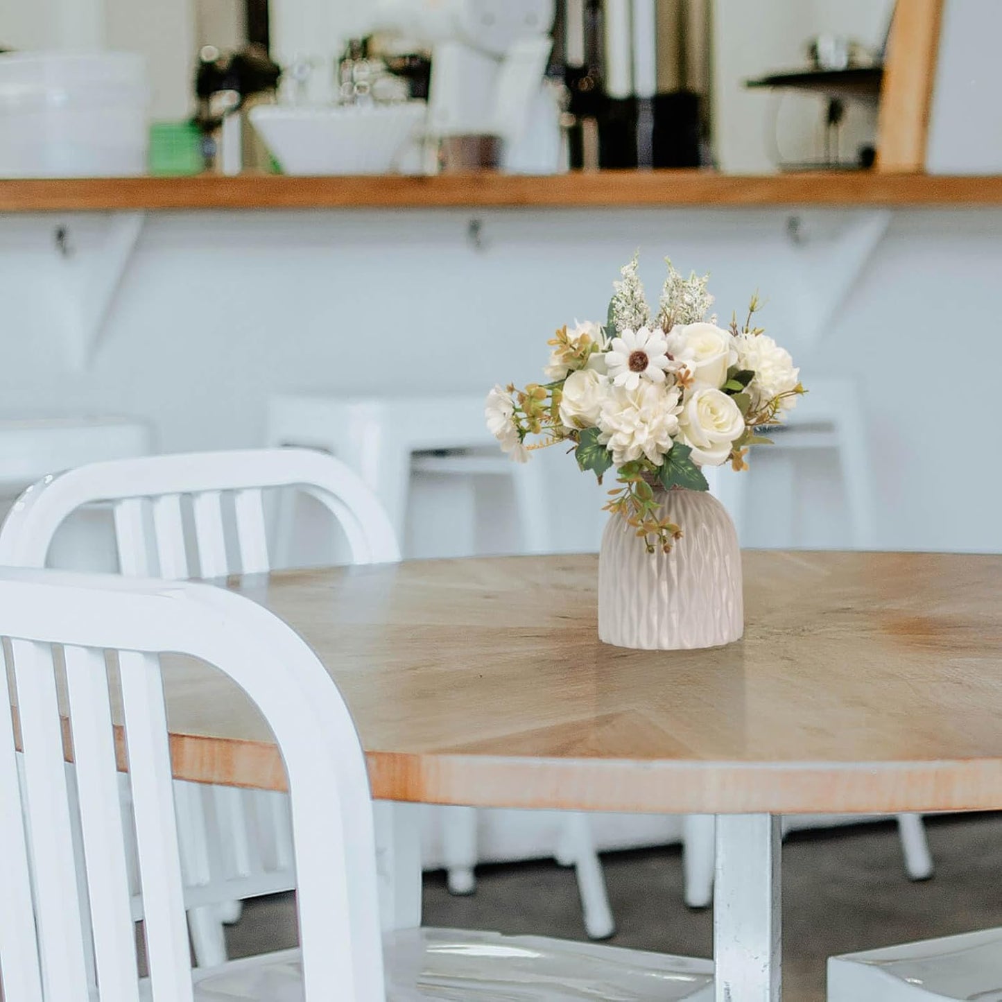 Epicpetal Fake Flowers in Vase, Artificial Pink Flowers in Vase for Decoration Faux Flowers Fake Floral for Home Decor Indoor Dining Table Centerpiece (White)