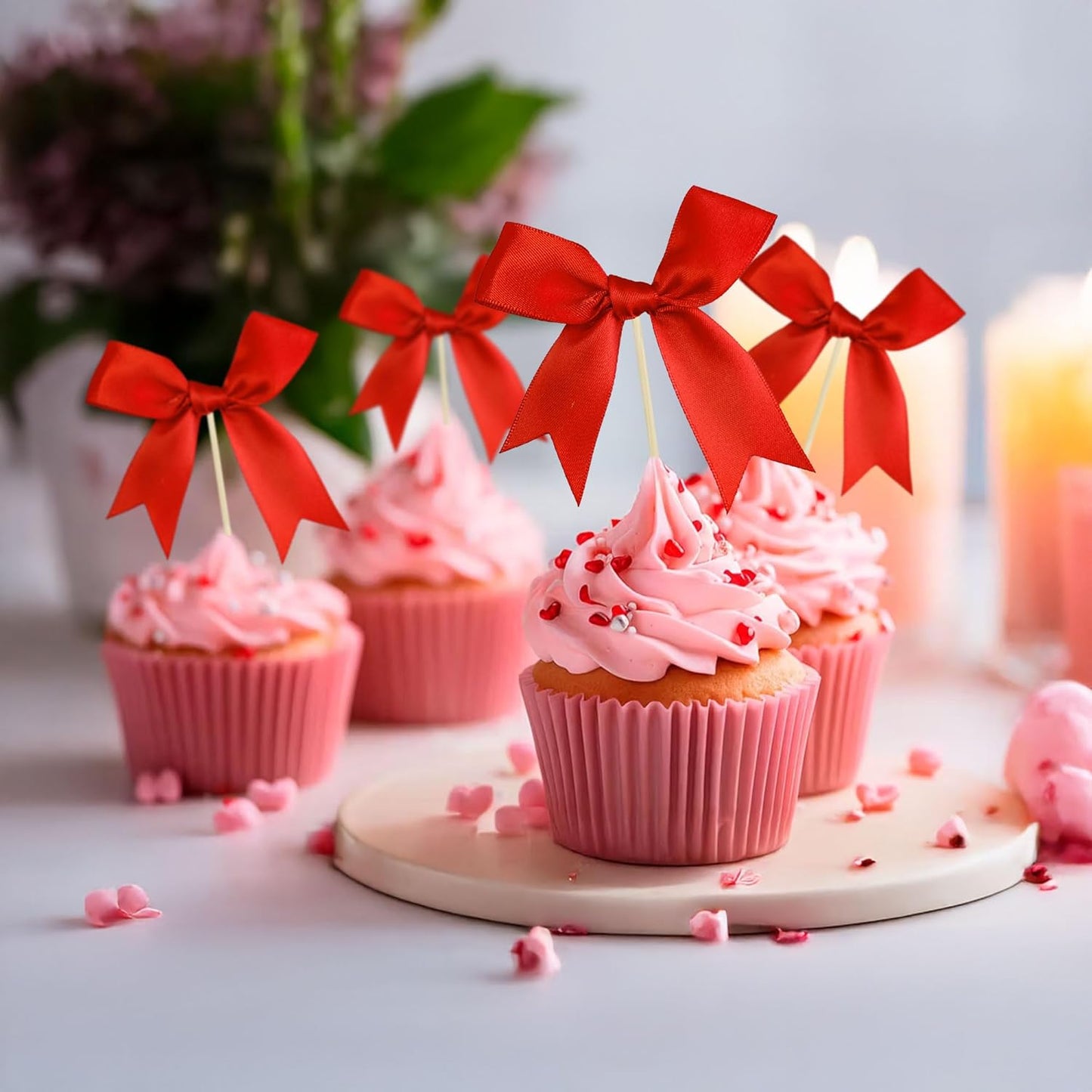 Gyufise 24Pcs Bow Cupcake Toppers Coquette Bow Girls Birthday Cake Decorations Bowknot Cake Toppers Bowknot Cupcake Picks for Baby Shower Birthday Wedding Bridal Engagement Party Supplies Red