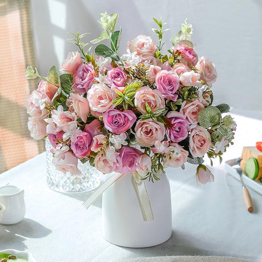 LESING Artificial Silk Rose with Vase Fake Flowers Wedding Flowers Bouquets Arrangement Home Office Party Centerpiece Table Decoration (Pink)