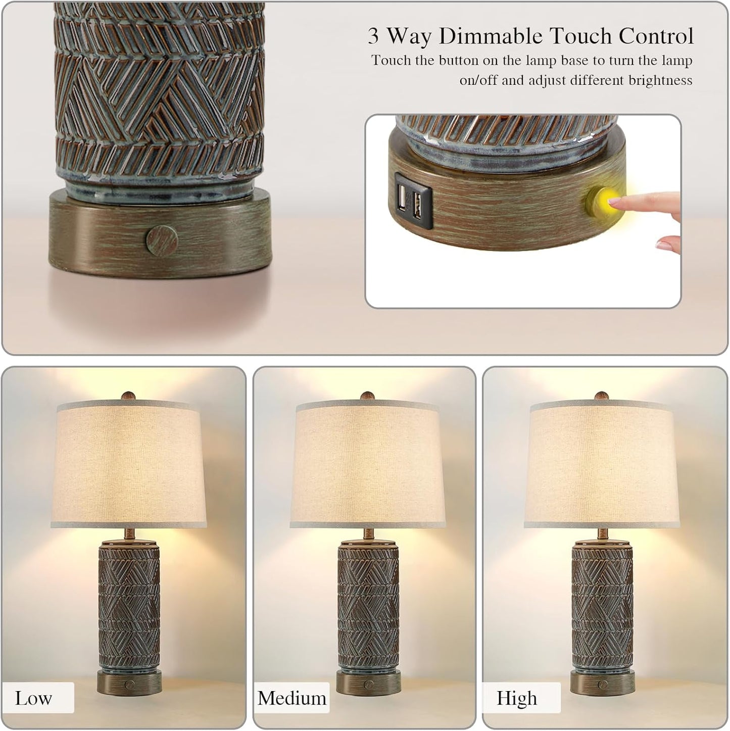 RORIA Set of 2 Farmhouse Table Lamps for Living Room Bedroom, 3 Way Dimmable Touch Nightstand Lamp with 2 USB Port, Rustic Vintage Bronze Ceramic Lamps for End Table Bedside, Bulbs Included