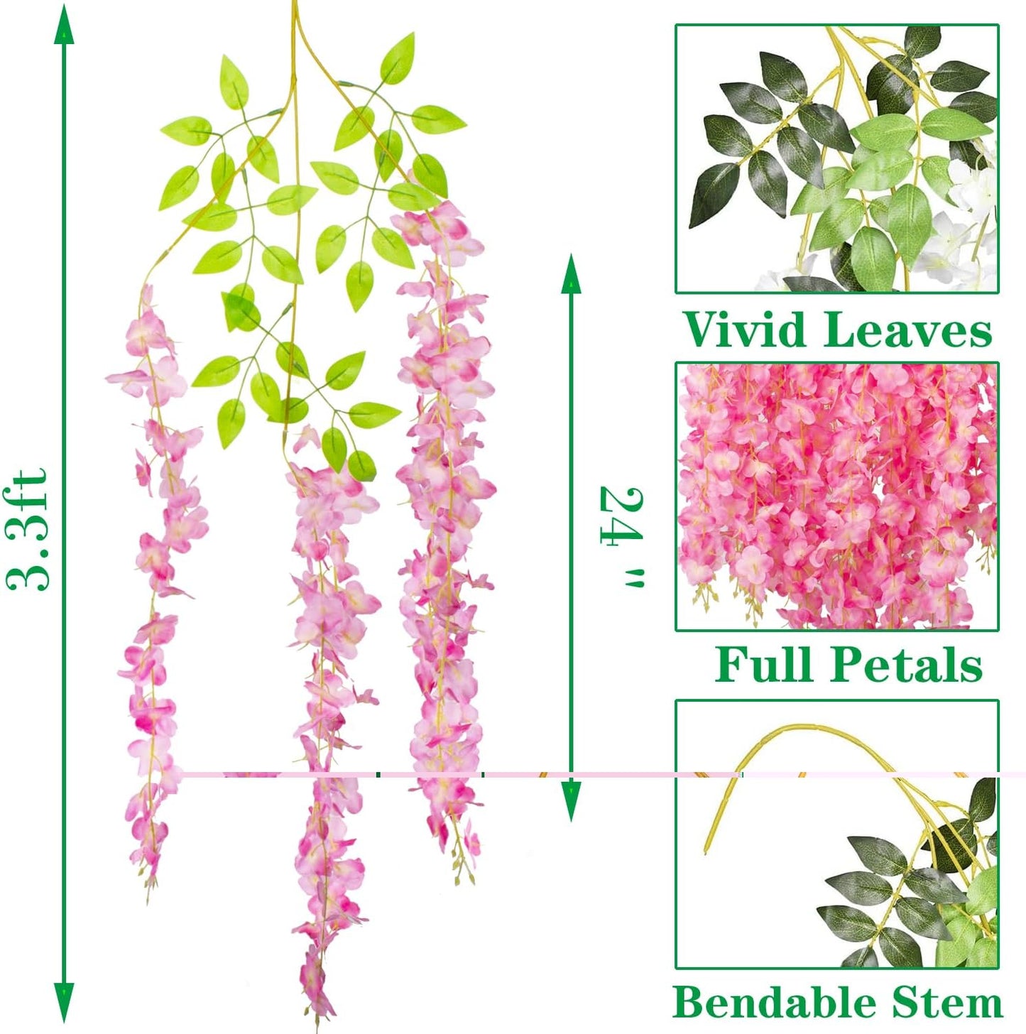 24 Pack Artificial Fake Wisteria Vine Ratta (3.75 Feet) Hanging Garland Silk Flowers String Home Party Wedding Decor (Deep Pink)