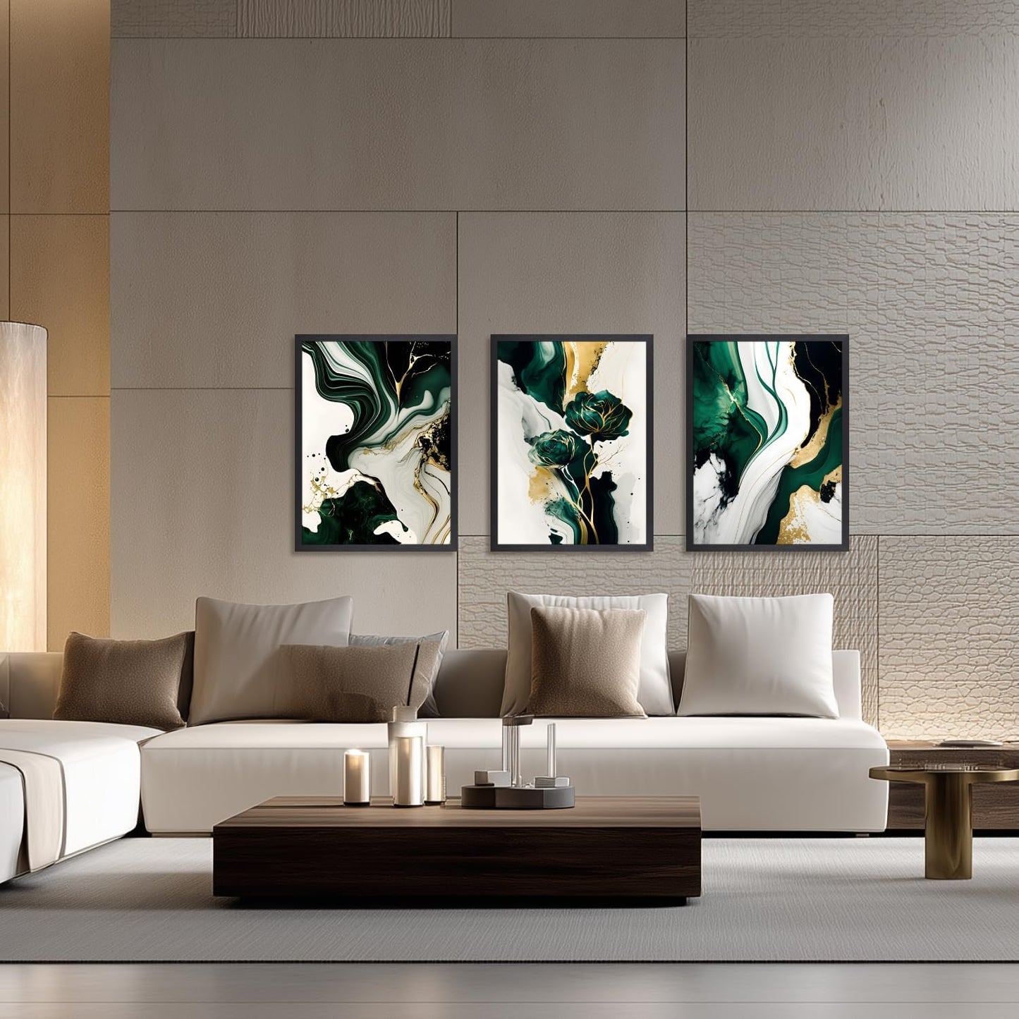 IAFWZX Wood Framed Green Gold Abstract Wall Art, Emerald Marble Textured Wall Decor, Contemporary Line Flower Canvas Paintings, Abstract Floral Poster Prints for Living Room Bedroom Office 12"x16"x3