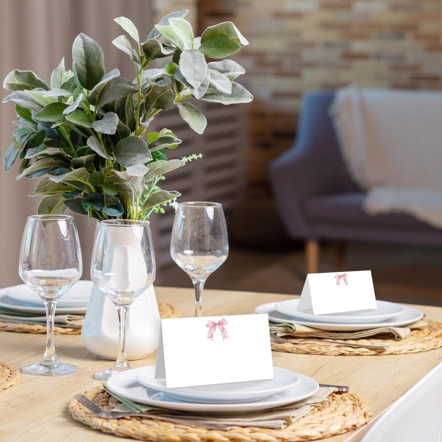 25 Pack Pink Plaid Bow Place Cards, Editable Name Cards for Table Setting, Tent Cards Food Label for Dinner Party, Bridal Shower, Wedding, Baby Shower and Events -T30