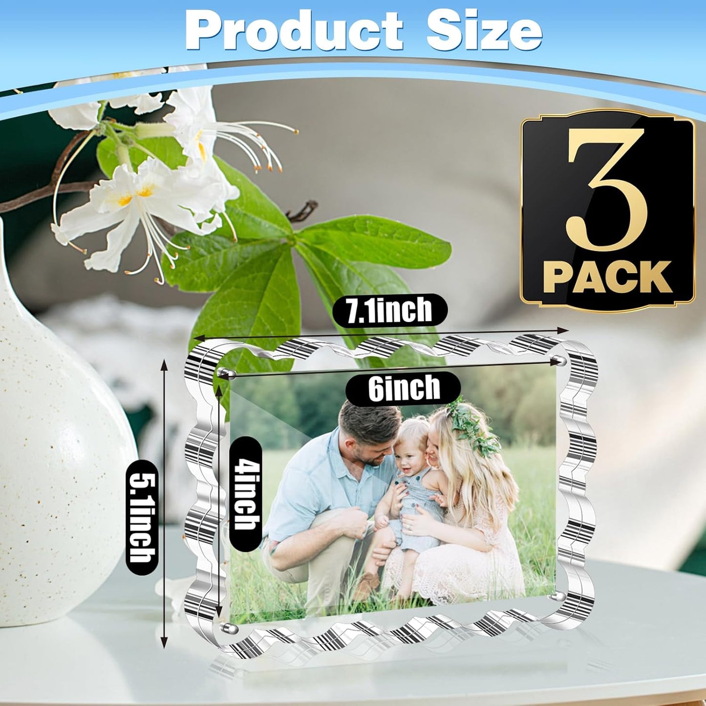 Aheroi 4x6 Acrylic Picture Frames, 3 Pack Clear Scalloped Acrylic Photo Frame Freestanding Magnetic Picture Frames for Desktop, Transparent Thickened Double Sided Picture Holder, Exclusive Shape Design
