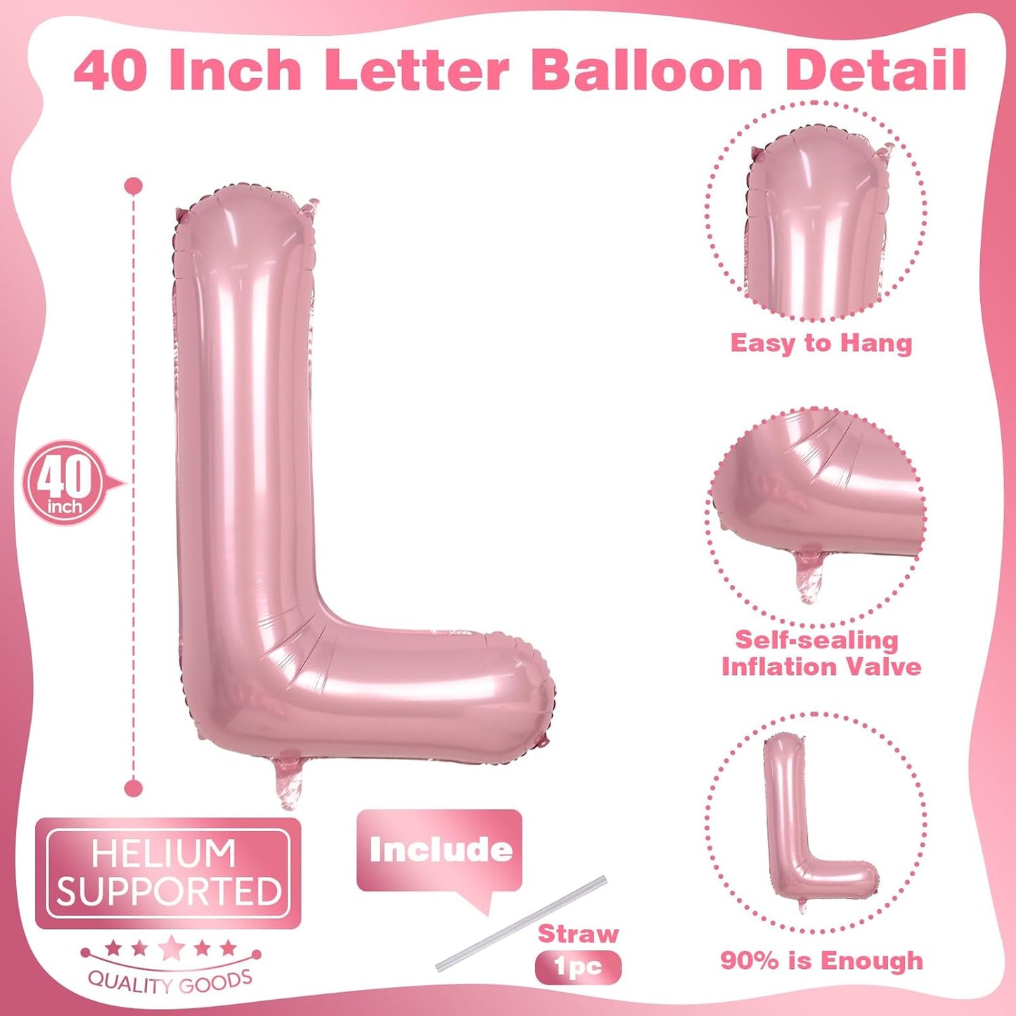 40 Inch Giant Pastel Pink Letter Balloon, Alphabet L Foil Balloons Light Pink, Self Inflating Balloon Pearl Pink Letter L, Mylar Letter Customize Balloons for Women Birthday Party Decoration Supplies