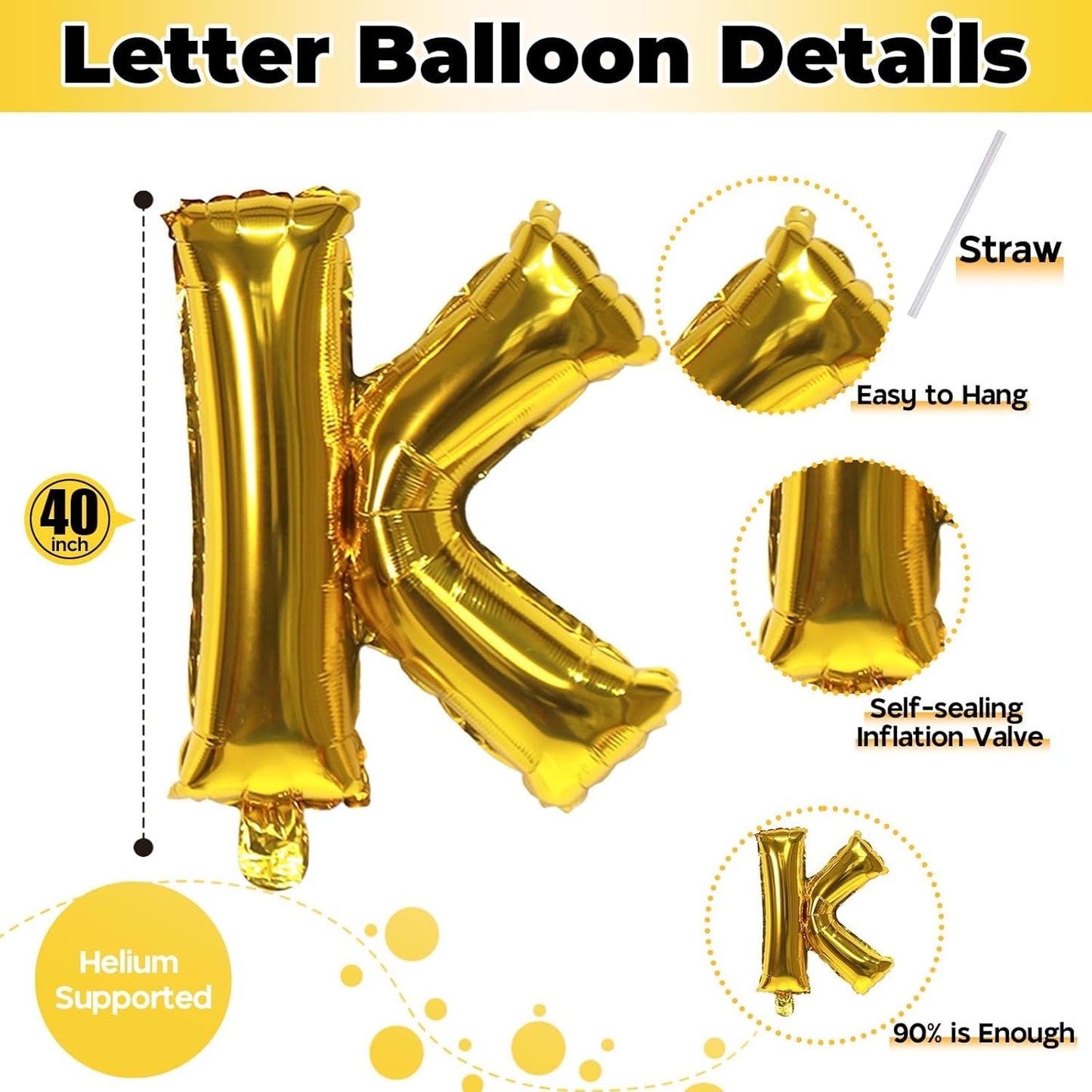 Giant K Alphabet Name Balloon, Gold Self Inflating Custom Letter Balloons Birthday Decor, 40 Inch Helium Mylar Foil Word Balloons Letters for Girls Men Anniversary Party Graduation Decoration Supplies