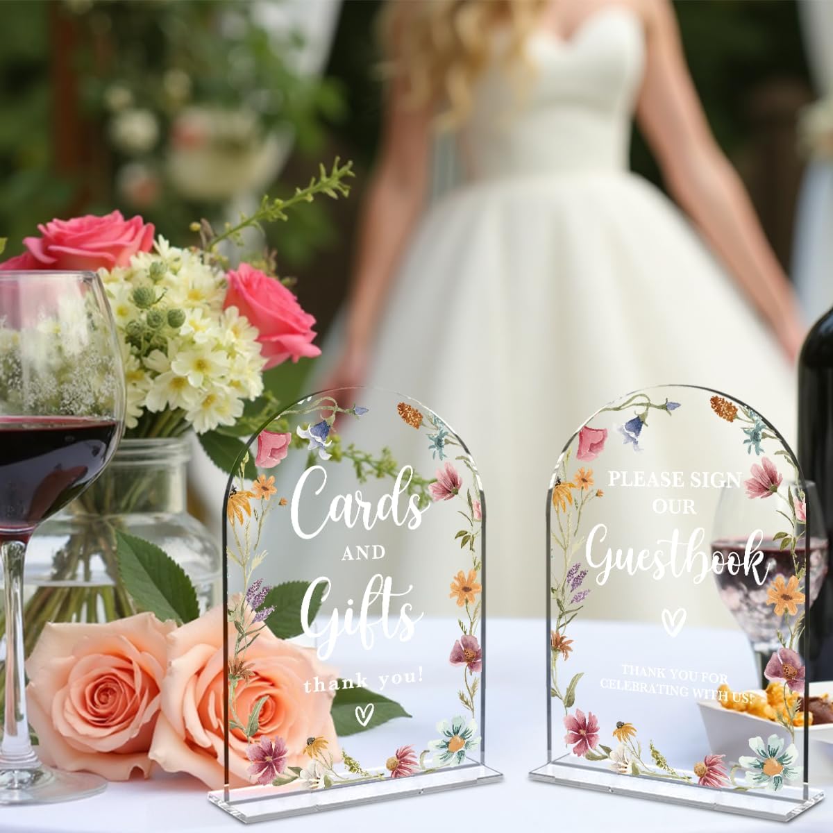 2 Pcs Acrylic Wedding Signs for Reception, Bridal Shower Decorations, Cards and Gifts Signs, Guest Book Sign, Arch Acrylic Table Top Sign with Holder for Wedding Reception (Clear Wildflowers)