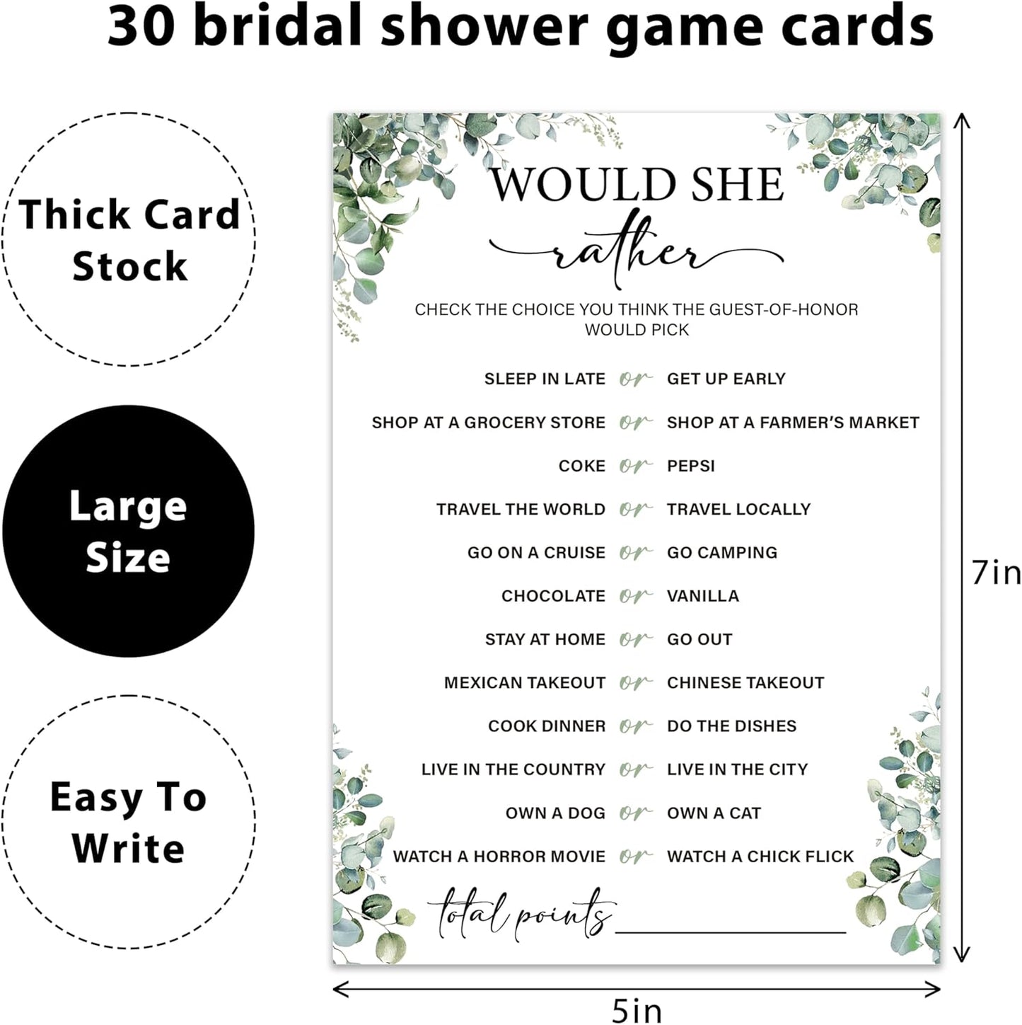 Eucalyptus Bridal Shower Game Cards - Would She Rather, Wedding Engagement Bachelorette Party Bridal Shower Games for 30 Guests, Double Sided Cards Set of 30, Activity Supplies & Favor/A07