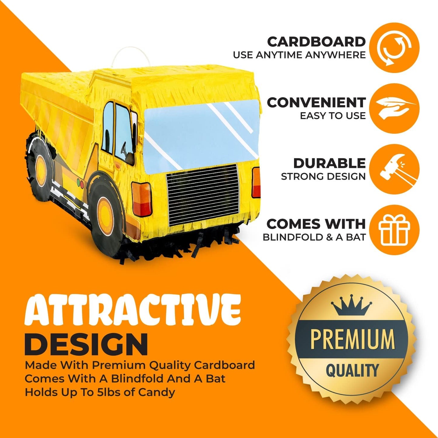 Small Dump Truck Pinata Bundle with a Blindfold and Bat(16 x 9 x 6.5 Inches), Kids Excavator Pinata for Construction Birthday Parties, Boys Birthday Party Supplies