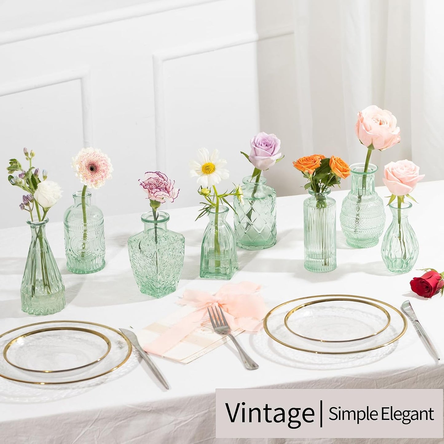 Vintage Small Glass Vases Set of 10,Mini Bud Vases for Flowers,Amber Glass Vases for Centerpieces,Wedding Decorations,Home Table Flower Decor(Sage Green)