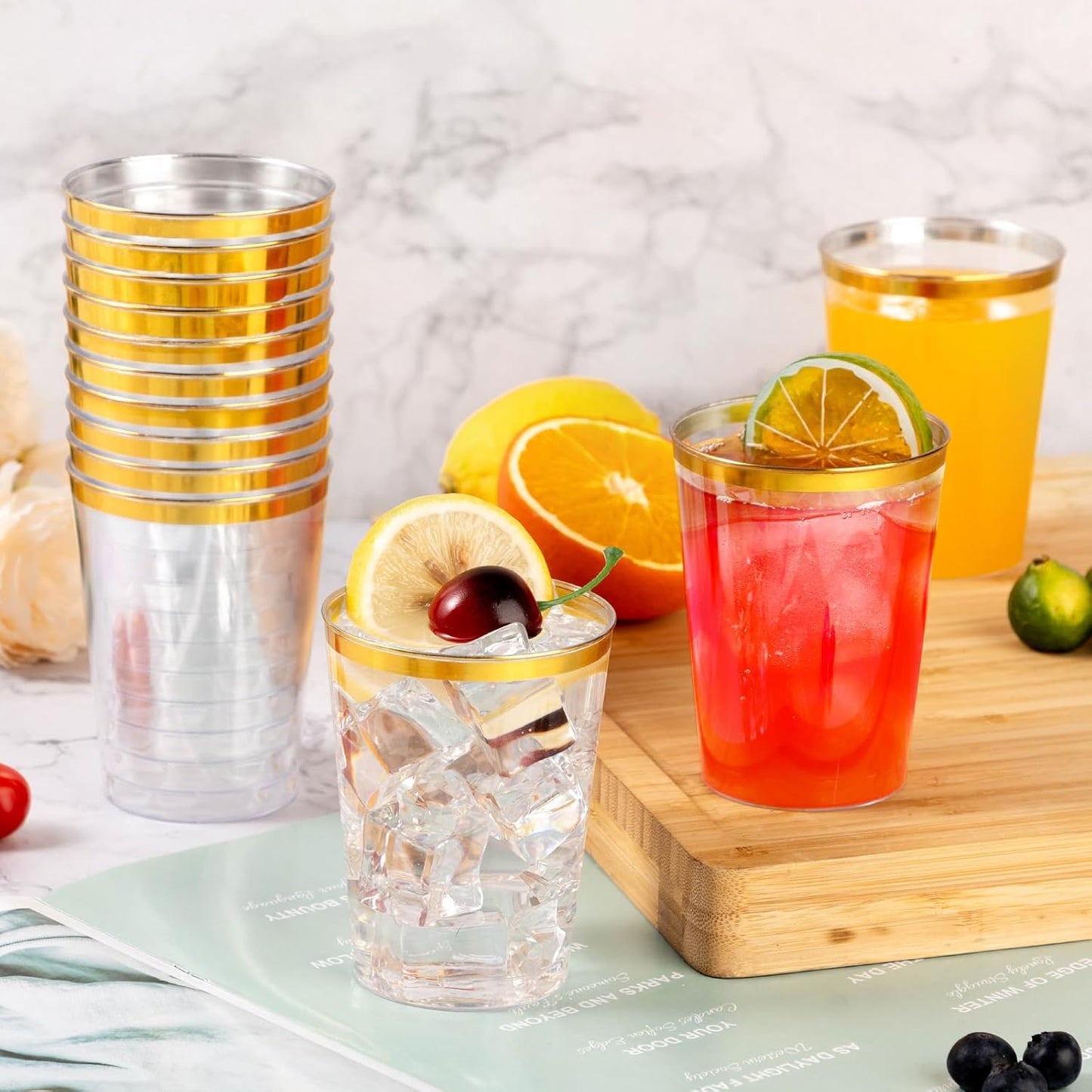 Goodluck 50PCS 12oz Gold Plastic Cups for Party, Disposable Gold Rim Cups, Plastic Cocktail Glasses for Wedding Thanksgiving, Christmas, and Parties