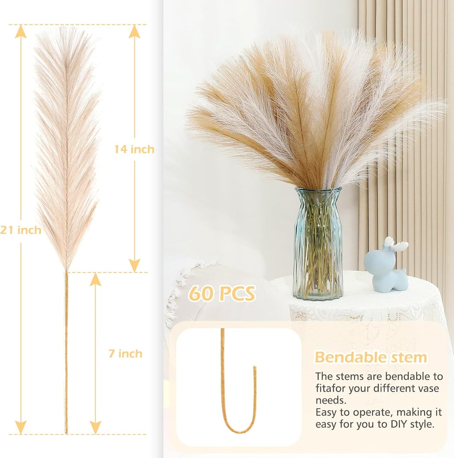60 Pcs Brown Pampas Grass Decor 21.7 Inch Faux Pampas Grass Bulk Artificial Dried Flowers Small Vase Filler Pompas Grass.
