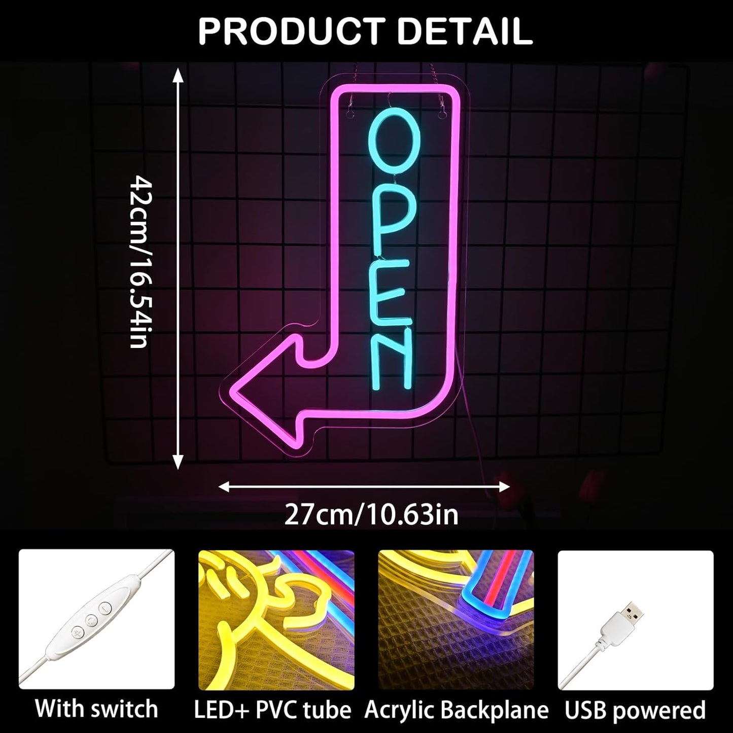 Looklight Open Arrow Neon Sign for Wall Decor Blue Pink LED Light Sign Decoration for Shop Bar Cafe Party Bookstore Supermarket gym, Get Your Business Seen Day or Night