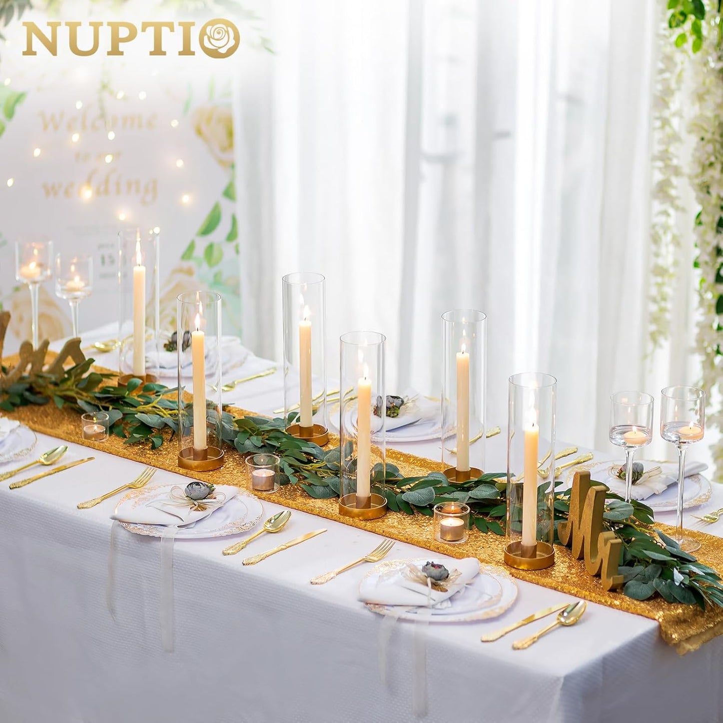 NUPTIO Hurricane Glass Candle Holders: 6 Pcs Gold Metal Taper Candlesticks Holder with 11.81 inch Long Clear Bottomless Cylinder Cover Stands for Wedding Anniversary Bridal Shower Table Centerpiece
