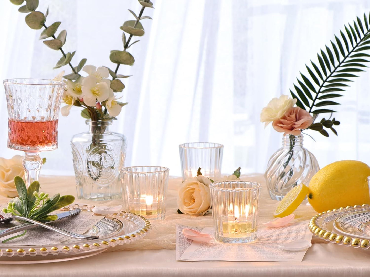 24pcs Vintage Ribbed Votive Candle Holders, Glass Candle Holder for Wedding Table Decor, Tea Lights Candle Holder for Table Centerpiece, Christmas, Holiday Decor