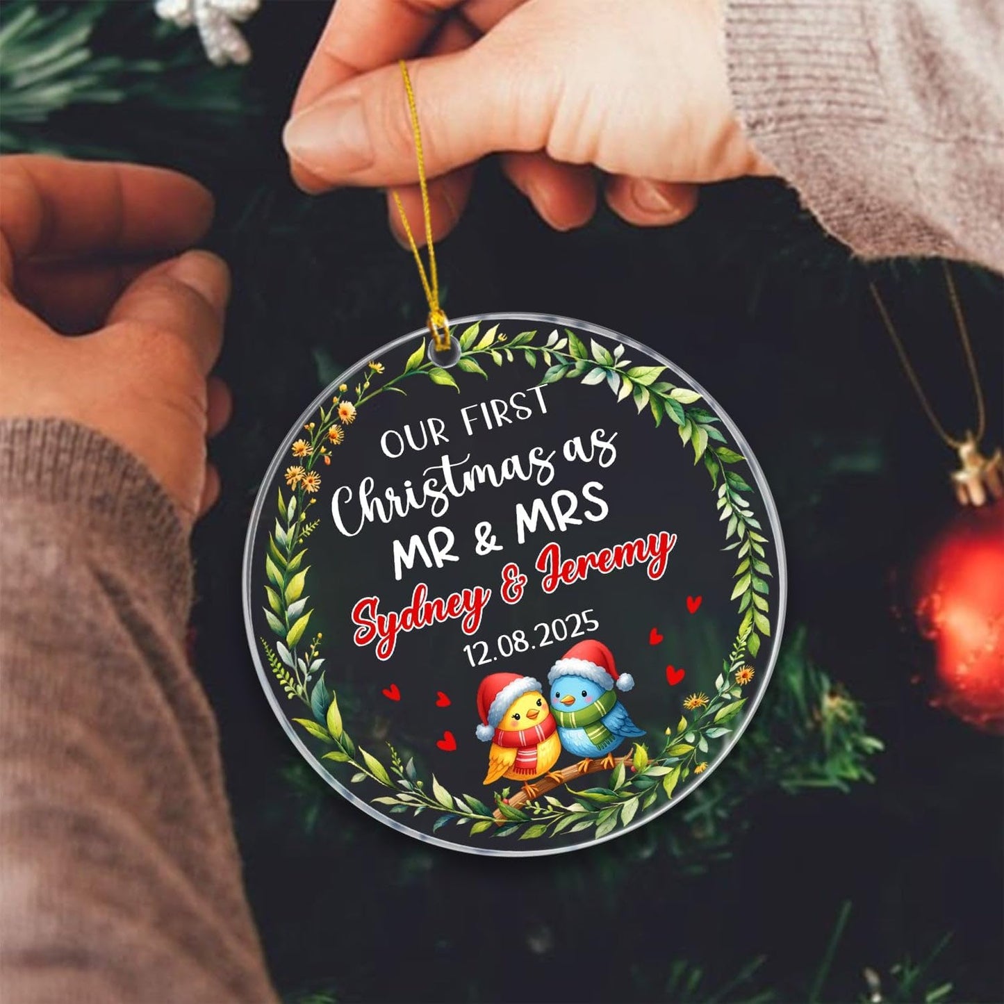 Our First Christmas As Mr & Mrs Ornament 2025, Personalized 1st Christmas As Mr & Mrs Bird Married Ornament Gift for Newlyweds Wedding, Customized Name & Date Anniversary Ornaments for Just Married