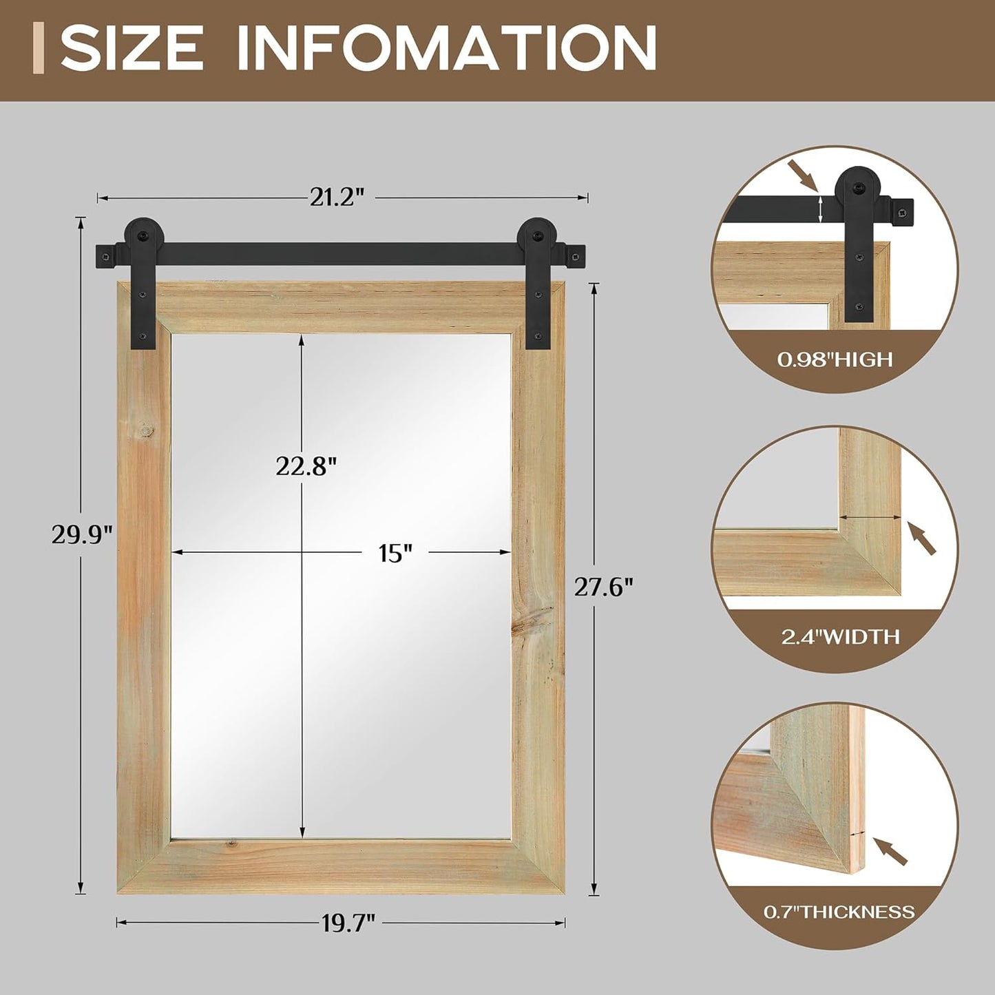 COGOOD Farmhouse Barn Door Mirror - 21" x 30" Rustic Wood Framed Wall Mirror for Bathroom, Living Room, Entryway Wall Decor (Burlywood)