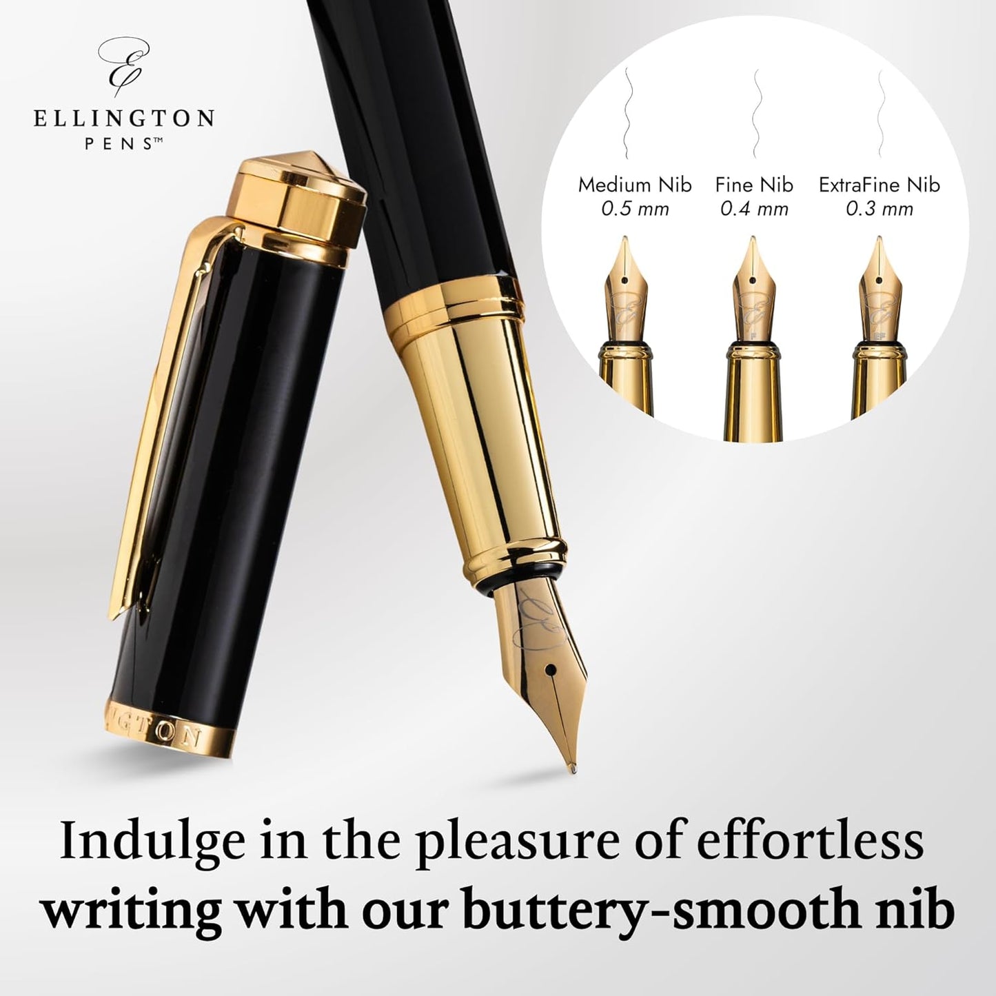 Ellington Pens Luxury Fountain Pen Set- Fountain Pens for Writing - Smooth Medium Nib - Includes Refillable Ink Converter, 3 Ink Cartridges [Black & Blue], Gift Box - Elegant Calligraphy