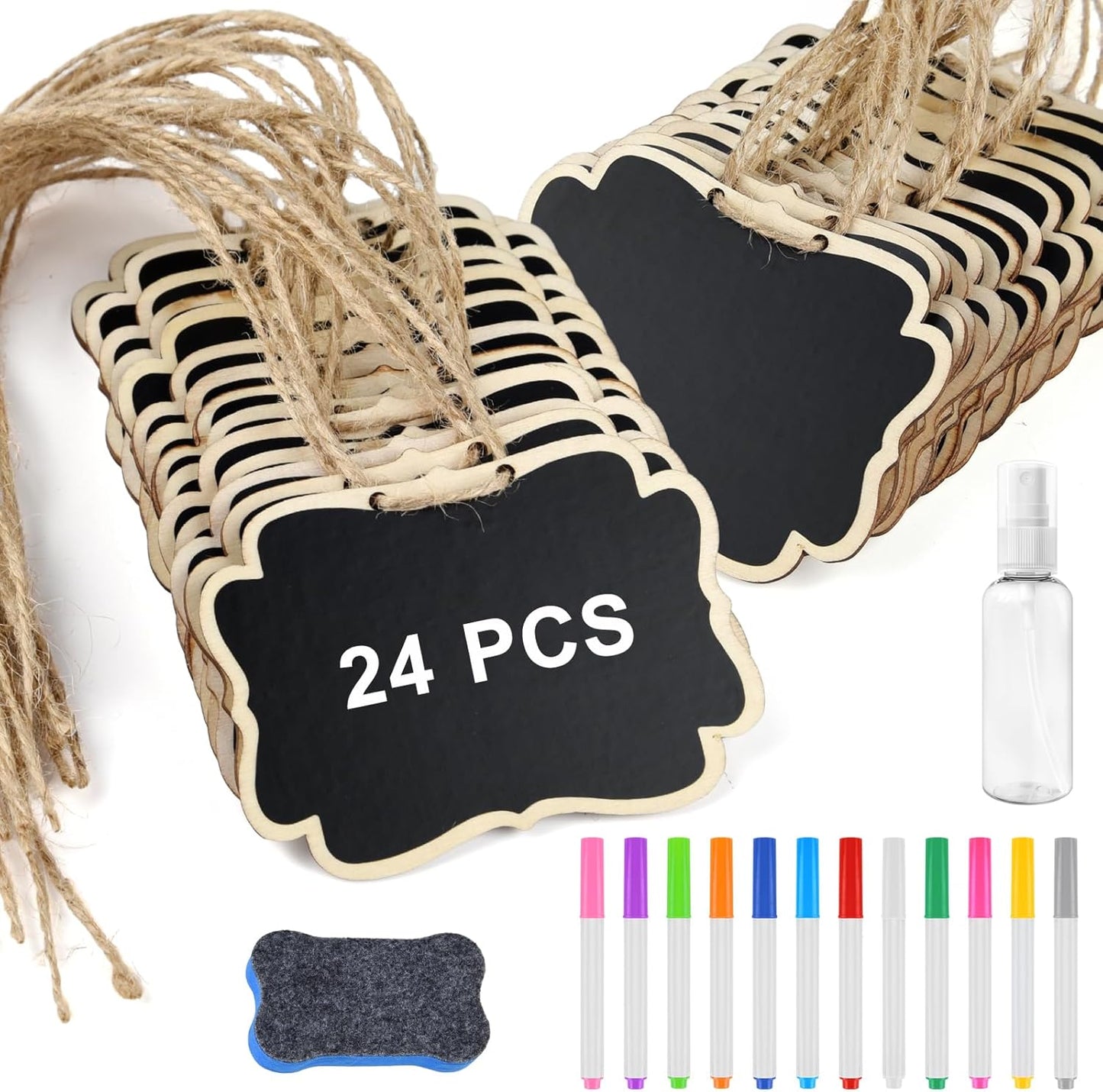 NEBURORA 24 Pcs Mini Erasable Wood Chalkboard Signs with Hanging String Reusable Double-Sided Blackboards for Message Boards Hanging Signs Price Labels Table Numbers Plant Name Tags