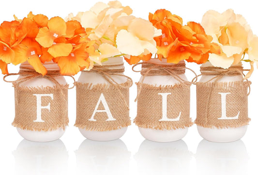Fall Decor for Home, Autumn Themed Mason Jars Centerpiece Decorations - Perfect for Thanksgiving Decorations 4 Packs Fall Color Pint Mason Jars with Fall on Jute Cover
