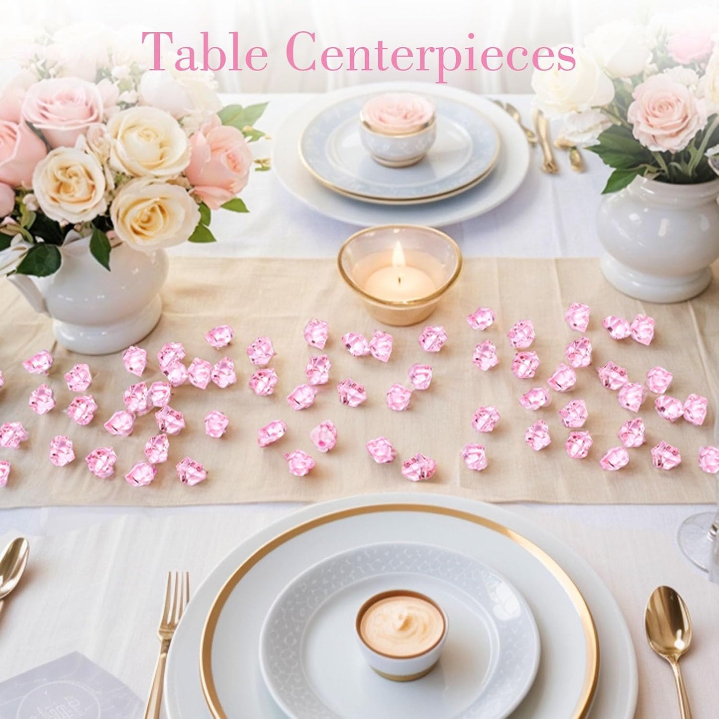 DOMESTAR Pink Fake Ice, 150PCS Acrylic Fake Diamonds, Plastic Crystals Gems, Vase Fillers DIY Craft Makeup Brush Rocks Wedding Party Table Centerpieces Scatter Decorations