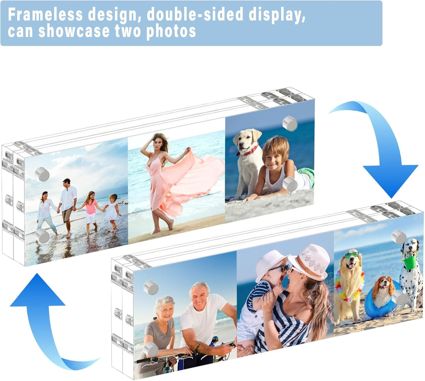 HELPLEX 3 Pack 2x6 Acrylic Picture Frames, 20mm Thicker Frameless Clear Double Sided Magnetic Frame, Free Standing Desktop Display Stand