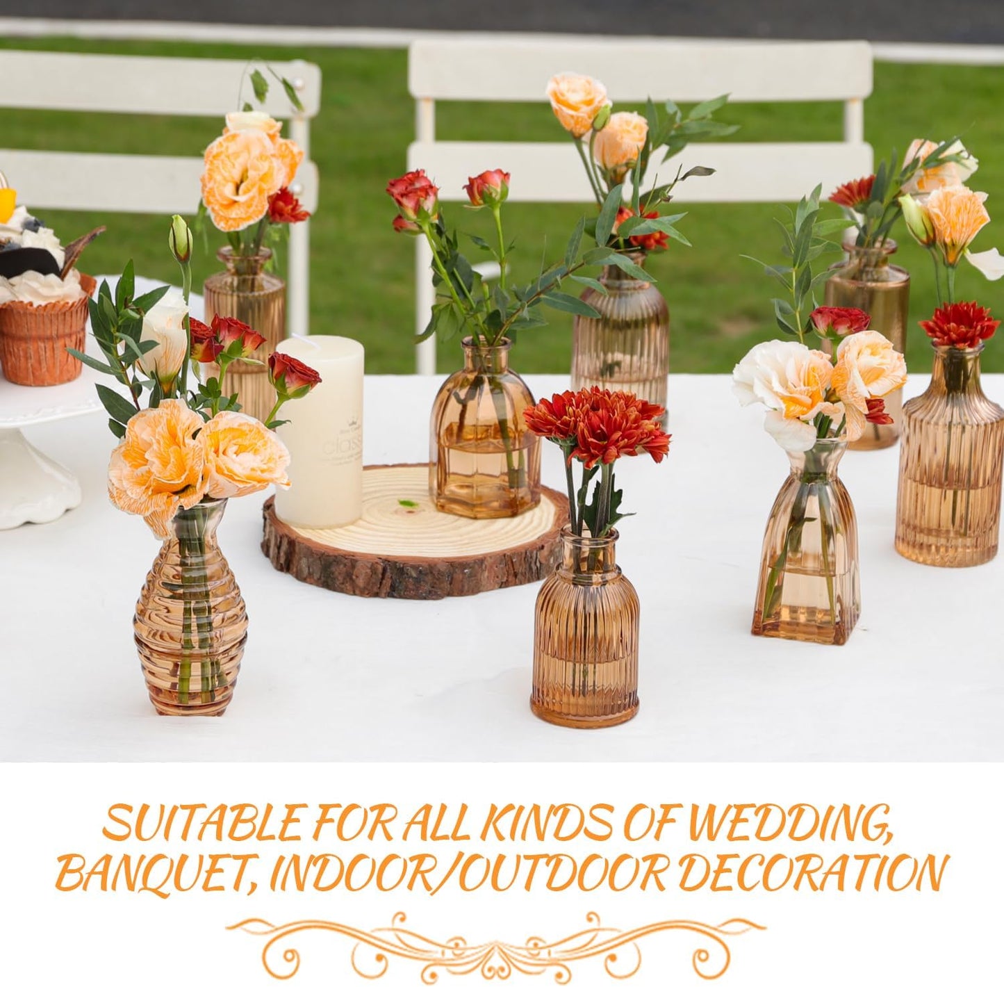 Bud Vases Set of 12, Amber Vase Small Glass Vases for Flowers Modern Ribbed Amber Glass Bud Vase for Decor Flower Vase in Bulk Vintage Decor Boho Wedding Centerpieces Rustic Home Table Decoration