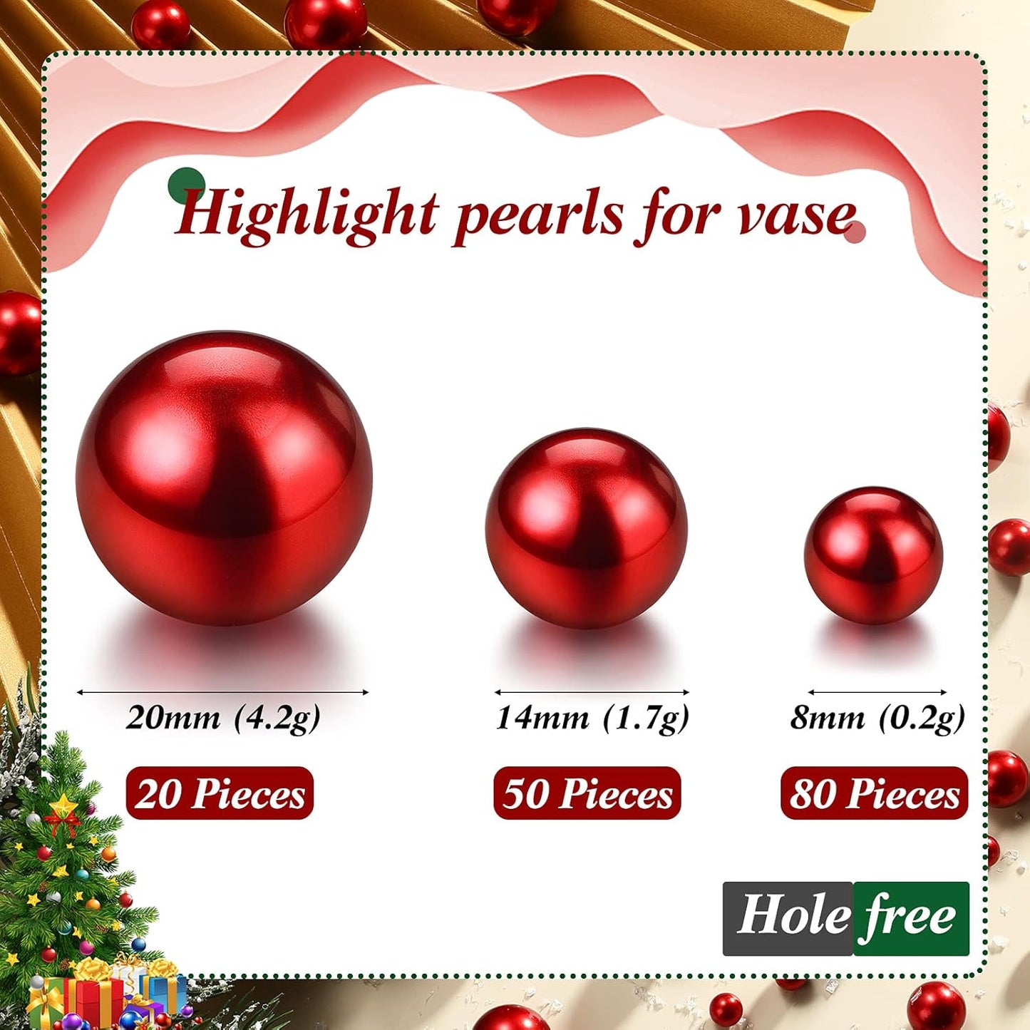 150 Pieces Vase Filler Faux Pearls Vase Makeup Beads No Hole Gloss Bead Mixed Sizes Round Pearl for Home Party Wedding Decor, 8/14/20 mm(Red)