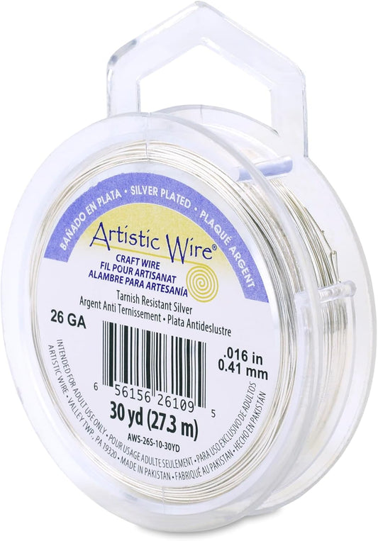 Artistic Wire, 26 Gauge Silver Plated Tarnish Resistant Colored Copper Craft Wire, Tarnish Resistant Silver, 30 yd